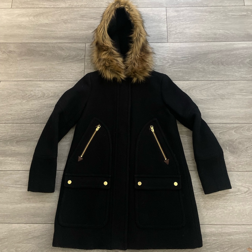Fur hooded black J Crew coat